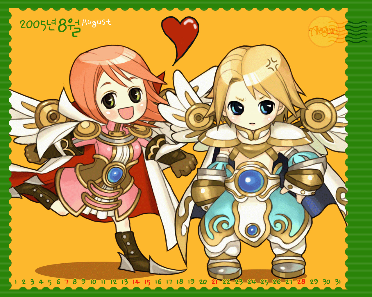 asgard, nexon, artist request, official art, official wallpaper, second-party source, 1boy, 1girl, 2005, :d, ankle boots, aqua eyes, armor, august, blonde hair, blue gemstone, blush, boots, border, breasts, brown boots, brown gloves, buttons, calendar (medium), cape, clenched hand, coat, copyright name, dated, dress, gem, gloves, gold trim, green border, impasto, long hair, long sleeves, looking to the side, medium breasts, medium hair, open mouth, pauldrons, pink coat, pink sleeves, postage stamp, shirt, shoulder armor, simple background, single hair intake, smile, spiked hair, straight hair, two-sided cape, two-sided fabric, v-shaped eyebrows, white cape, white dress, white shirt, white wings, wings, wrist guards, yellow background, yellow eyes