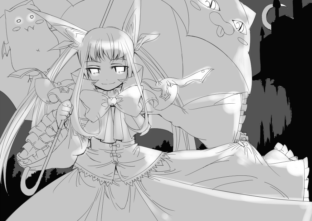 furoaki, nezumi no un ti, gii, nago, rachel alucard, takei junko, arc system works, blazblue, gothic lolita, greyscale, lolita fashion, monochrome, solo, twintails, umbrella, vampire