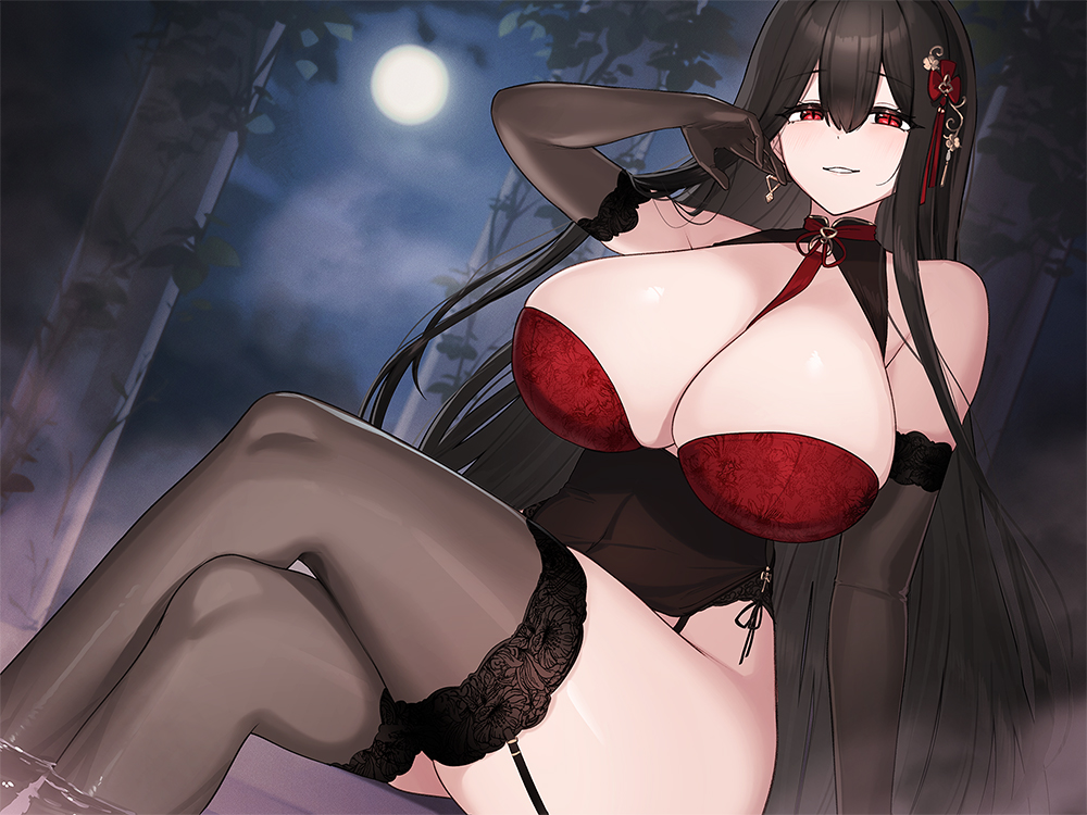 hayabusa (vert 320), original, 1girl, bare shoulders, black dress, black hair, breasts, brown thighhighs, china dress, chinese clothes, cleavage, crossed legs, dress, grin, huge breasts, long hair, looking at viewer, pelvic curtain, red dress, red eyes, sitting, smile, solo, thighhighs, thighs, two-tone dress
