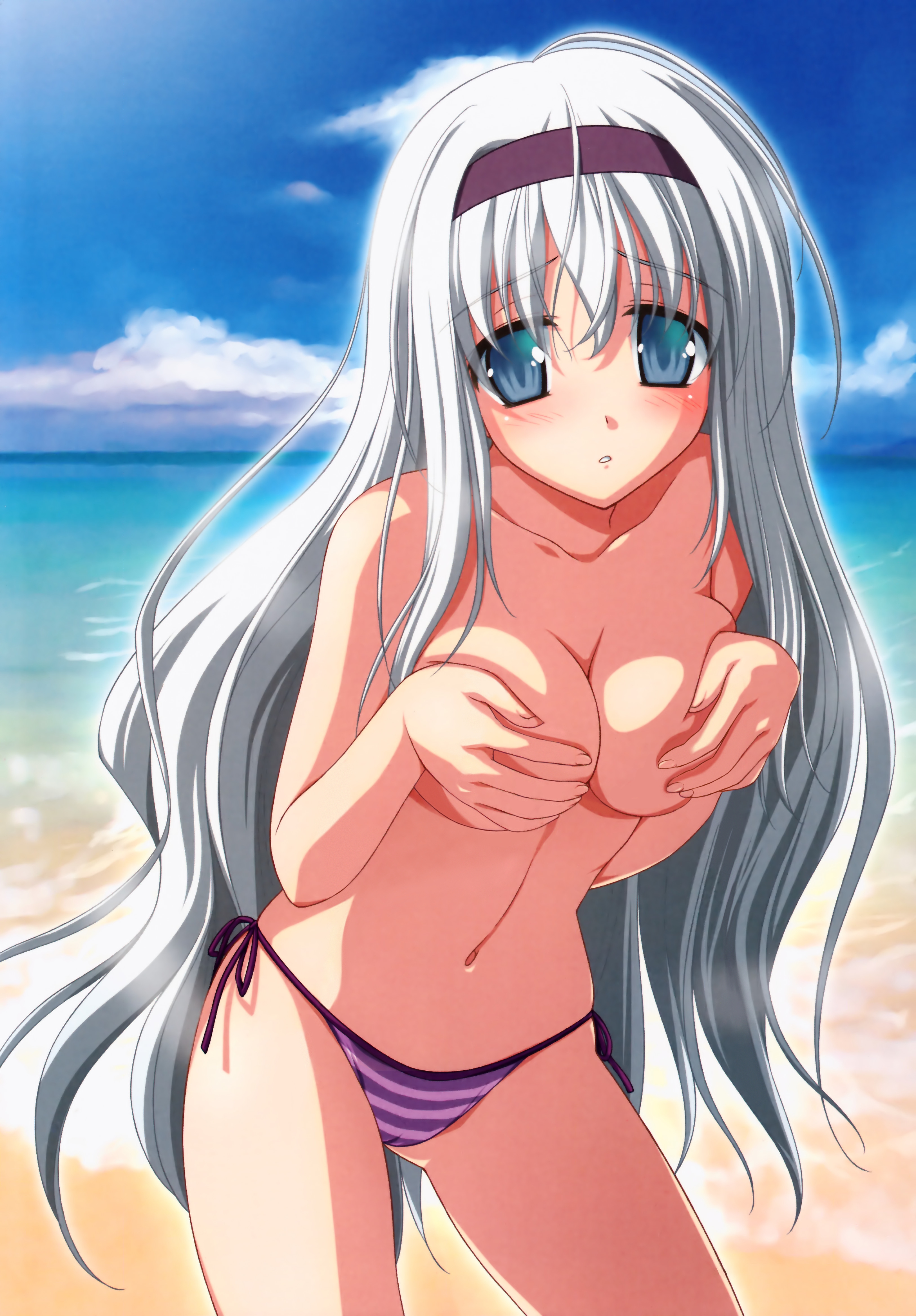 shida kazuhiro, flolium blosselliand, wiz anniversary, breast hold, silver hair, absurdres, highres, 1girl, beach, bikini, blue eyes, blush, breasts, cameltoe, cloud, covering breasts, covering privates, day, female focus, hairband, headband, long hair, medium breasts, navel, ocean, outdoors, side-tie bikini bottom, sky, solo, striped bikini, striped clothes, swimsuit, topfreedom, topless female, very long hair