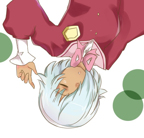 teruru100, mercurius (kaminomi), kami nomi zo shiru sekai, commentary request, 1girl, :o, closed eyes, facing viewer, grey hair, hair over one eye, hairband, hand up, jacket, long sleeves, neck ribbon, one eye covered, parted lips, pink ribbon, pink sailor collar, puffy sleeves, red jacket, ribbon, sailor collar, shirt, short hair, simple background, sleeping, solo, tan, three-quarter sleeves, upper body, upside-down, white background, white hairband, white shirt