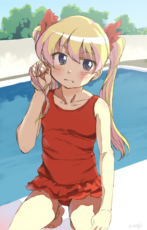 negoro shuujirou, rebecca miyamoto, pani poni dash!, 00s, 1girl, blonde hair, blue eyes, child, female focus, flat chest, one-piece swimsuit, pool, ribbon, ruffling hair, solo, swimsuit, twintails