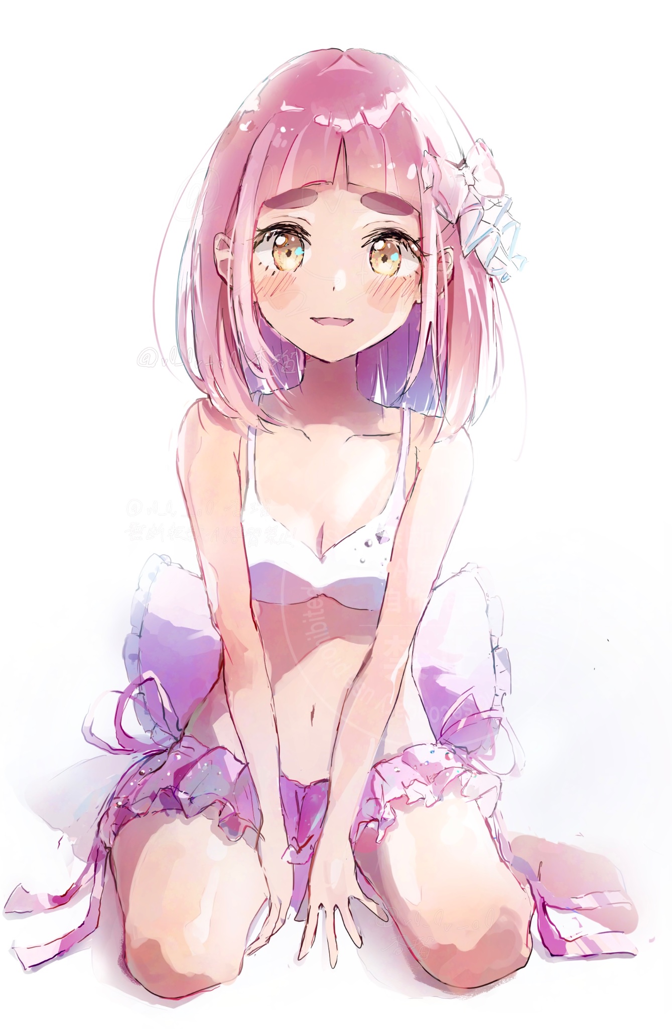 anzu (v0 0v o0), lacey (pokemon), nintendo, pokemon, pokemon sv, highres, 1girl, arched bangs, bare shoulders, bikini, bikini skirt, blush, bow, breasts, brown eyes, collarbone, hair bow, hair ornament, looking at viewer, open mouth, pink hair, simple background, sitting, smile, solo, swimsuit, white background, white bikini, yellow eyes, yokozuwari