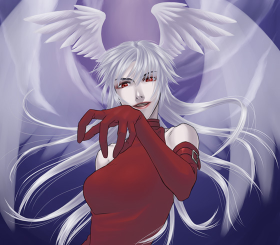 huyuki t, ultima (fft), final fantasy, final fantasy tactics, silver hair, bad id, bad pixiv id, 1girl, angel wings, breasts, female focus, gradient background, head wings, leotard, long hair, red eyes, red leotard, solo, wings