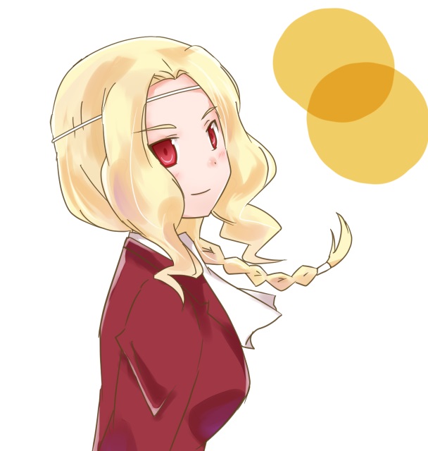 teruru100, mars (kaminomi), kami nomi zo shiru sekai, commentary request, 1girl, ascot, blonde hair, blush, braid, breasts, closed mouth, curtained hair, floating hair, from side, jacket, lapels, long hair, looking at viewer, looking to the side, medium breasts, notched lapels, parted bangs, red eyes, red jacket, school uniform, sideways glance, simple background, single braid, smile, solo, turning head, upper body, white ascot, white background