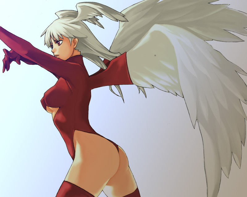 koma kiri aoko, ultima (fft), final fantasy, final fantasy tactics, 1girl, angel wings, ass, bodysuit, breasts, cleavage, feathers, female focus, flat ass, gradient background, head wings, highleg, highleg leotard, leotard, long hair, medium breasts, red eyes, red leotard, solo, thighhighs, thighs, thong leotard, underboob, white hair, wings