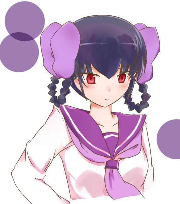 teruru100, diana (kaminomi), kami nomi zo shiru sekai, commentary request, 1girl, black hair, blush, bow, braid, braided hair rings, breasts, closed mouth, collarbone, cropped torso, hair bow, hair rings, large breasts, long sleeves, looking down, neckerchief, purple bow, purple neckerchief, purple sailor collar, red eyes, sailor collar, school uniform, shirt, short hair, simple background, solo, upper body, white background, white shirt
