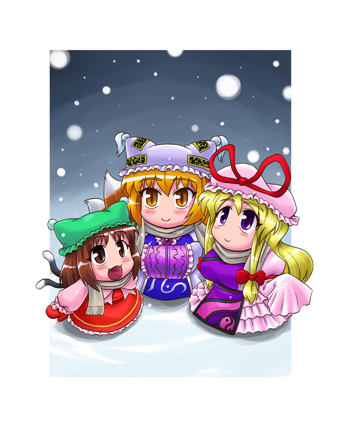 sasuke (sasuke no sato), chen, yakumo ran, yakumo yukari, touhou, 3girls, animal hat, blonde hair, blush, brown eyes, brown hair, cat tail, female focus, fox tail, from above, hat, long hair, long sleeves, looking up, mittens, mob cap, multiple girls, open mouth, purple eyes, ribbon, short hair, snow, tail, tassel, wide sleeves, winter, yellow eyes