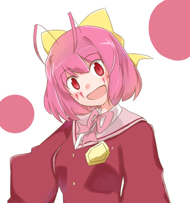 teruru100, apollo (kaminomi), kami nomi zo shiru sekai, commentary request, 1girl, :d, antenna hair, bow, breasts, facial mark, hair bow, head tilt, jacket, large bow, long sleeves, looking at viewer, medium breasts, neck ribbon, open mouth, pink hair, pink ribbon, pink sailor collar, puffy long sleeves, puffy sleeves, raised eyebrows, red eyes, red jacket, ribbon, sailor collar, school uniform, short hair, simple background, smile, solo, turning head, upper body, white background, yellow bow