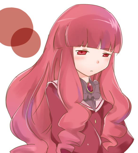 teruru100, vulcanus (kaminomi), kami nomi zo shiru sekai, fluffy hair, commentary request, 1girl, blunt bangs, blush, brooch, closed mouth, gem, grey shirt, half-closed eyes, jacket, jewelry, long hair, long sleeves, looking down, pink sailor collar, puffy long sleeves, puffy sleeves, red eyes, red gemstone, red hair, red jacket, ringlets, sailor collar, school uniform, shirt, sidelocks, simple background, solo, upper body, very long hair, white background