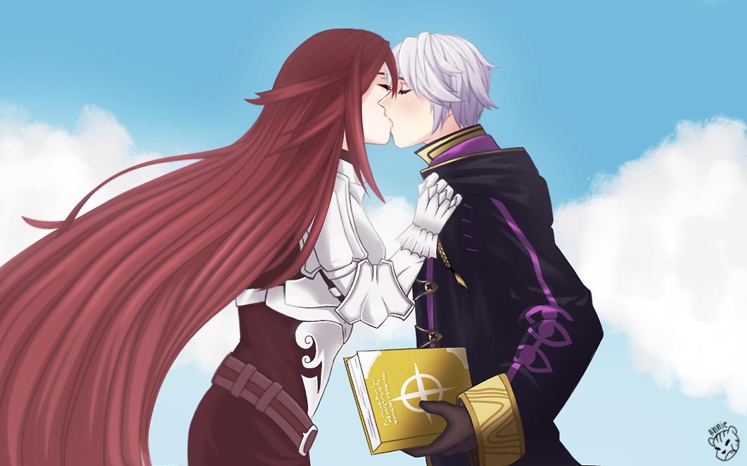 cordelia (fire emblem), male robin (fire emblem), fire emblem, fire emblem awakening, nintendo, 1boy, 1girl, anniemaar, armor, black coat, book, breastplate, breasts, brown gloves, closed eyes, clothes grab, coat, couple, gloves, hetero, holding, holding book, kiss, medium breasts, red hair, white hair