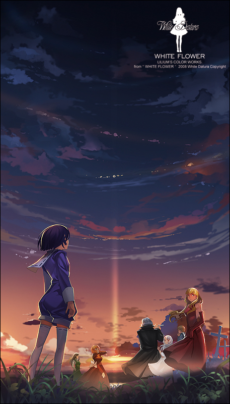 alphonse (white datura), abyss (sound horizon), baroque (sound horizon), el (sound horizon), sacrifice, soror, stardust, yield, elysion, sound horizon, bad id, bad pixiv id, 1boy, 6+girls, cross, dress, legs, multiple girls, scenery, sky, sunset, thighhighs