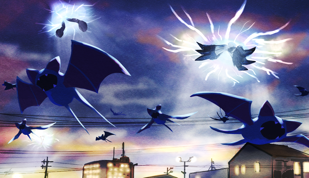 ewokakukaede, guzzlord, necrozma, necrozma (normal), zubat, nintendo, pokemon, commentary request, bat (animal), building, cable, claws, fangs, flying, gen 1 pokemon, gen 7 pokemon, house, legendary pokemon, no humans, open mouth, outdoors, pokemon (creature), pokemon focus, portal (object), sky, ultra beast, utility pole, wormhole