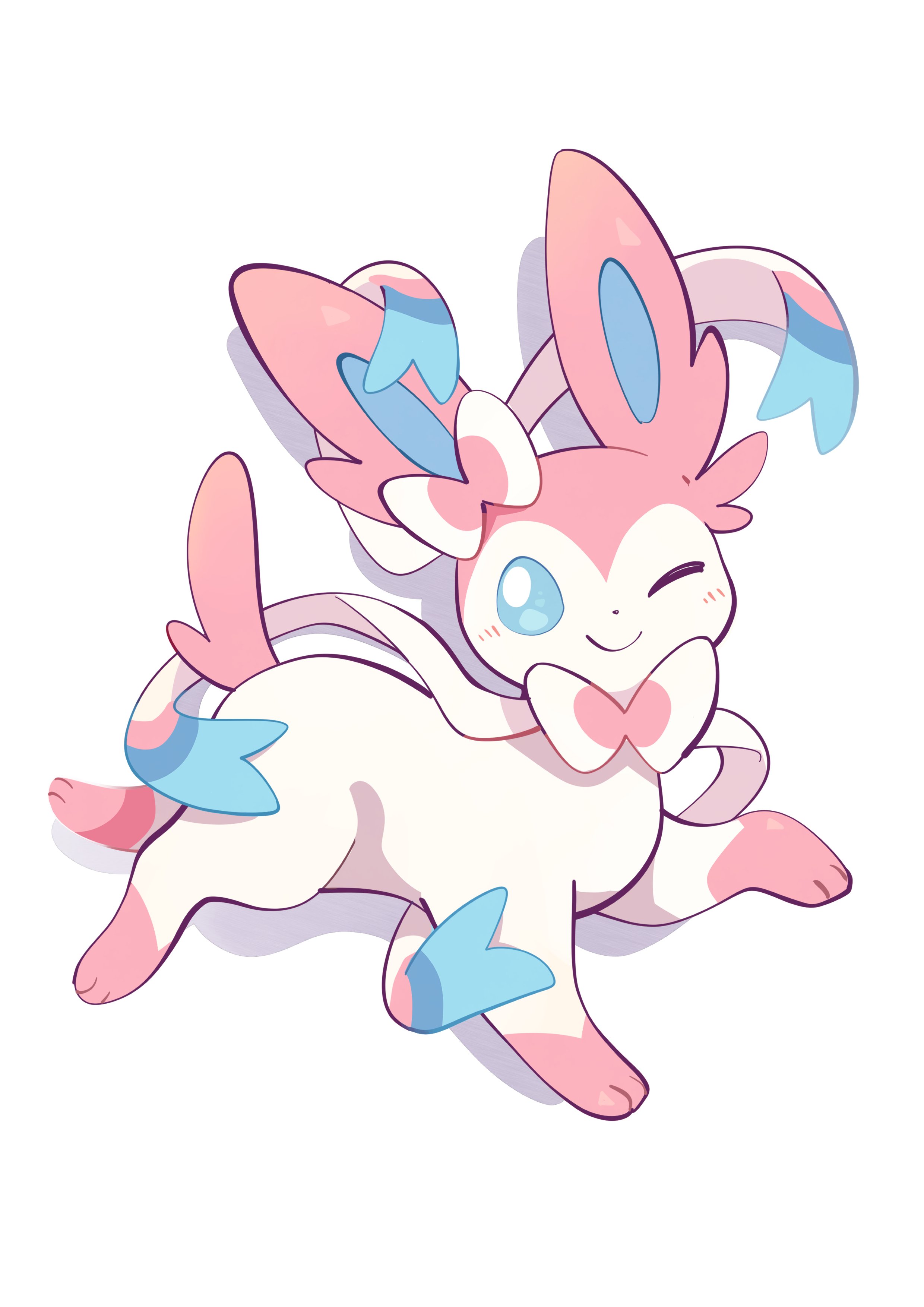komanychi, sylveon, nintendo, pokemon, absurdres, highres, animal focus, blue eyes, blue sclera, blush, bow, closed mouth, colored sclera, full body, gen 6 pokemon, looking at viewer, no humans, one eye closed, pink fur, pokemon (creature), pokemon focus, ribbon, simple background, smile, tail, two-tone fur, white background, white fur