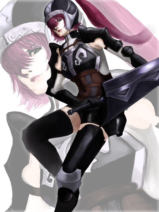 40 40, celes, valkyrie profile (series), valkyrie profile 2: silmeria, bad id, bad pixiv id, 1girl, armor, female focus, helmet, long hair, purple hair, solo, sword, thighhighs, weapon