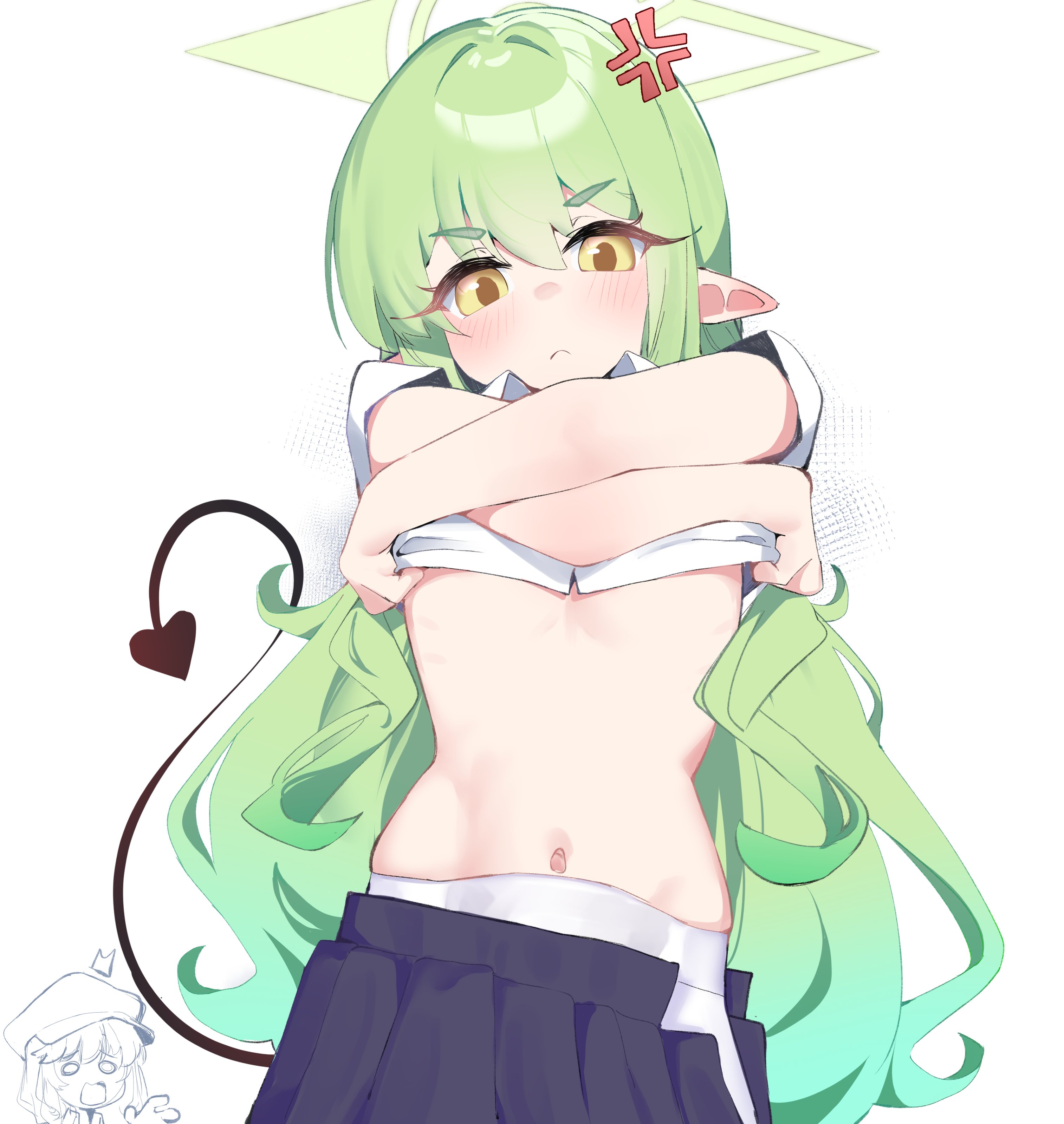 gen (unzzenasd), aoba (blue archive), hikari (blue archive), blue archive, absurdres, highres, 2girls, ^^^, anger vein, black skirt, closed mouth, clothes lift, demon girl, demon tail, dithering, flat chest, frown, gradient hair, green hair, green halo, hair between eyes, halo, hat, lifting own clothes, long hair, looking at viewer, multicolored hair, multiple girls, navel, newsboy cap, o o, open mouth, pantyhose, pleated skirt, pointy ears, shirt, shirt lift, simple background, skirt, stomach, surprised, tail, undone skirt, undressing, very long hair, white background, white pantyhose, white shirt, yellow eyes