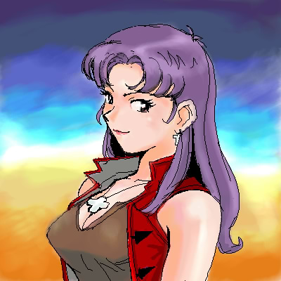 haruoh, katsuragi misato, neon genesis evangelion, lowres, cross, earrings, jewelry, long hair, necklace, oekaki, purple hair, solo