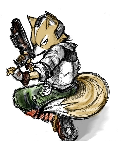 fox mccloud, nintendo, star fox, 1boy, furry, furry male, gloves, gun, male focus, sketch, solo, tail, weapon