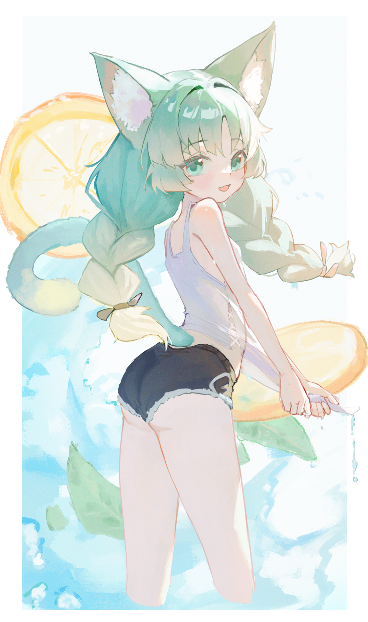haimaotuanzi, original, highres, 1girl, animal ear fluff, animal ears, ass, bare arms, bare legs, bare shoulders, black shorts, braid, cat ears, cat girl, cat tail, cowboy shot, denim, denim shorts, green eyes, green hair, long hair, looking back, open mouth, short shorts, shorts, solo, squeezing, tail, twin braids, very long hair