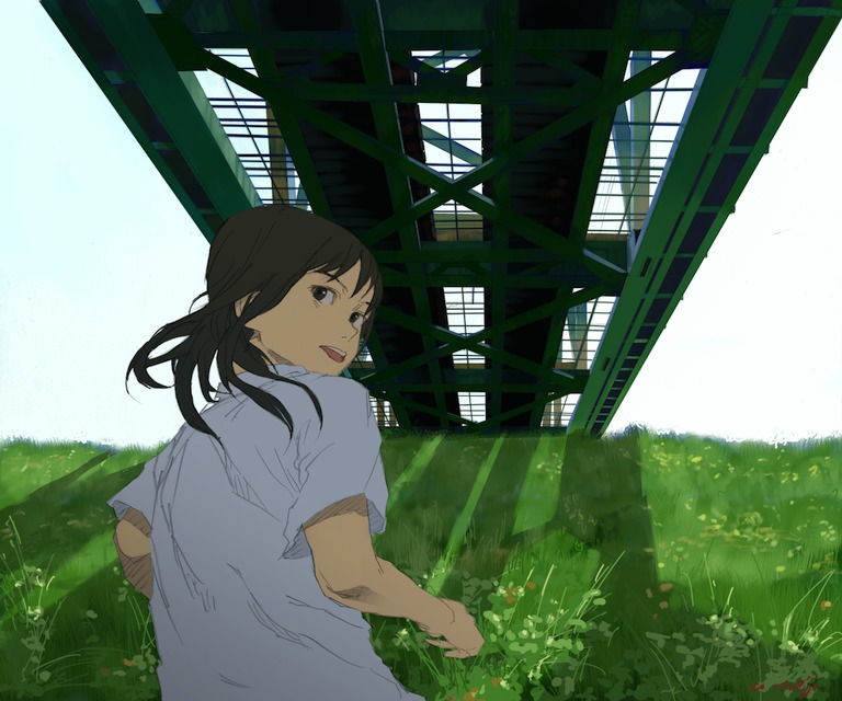 negoro shuujirou, original, tagme, black hair, bridge, grass, looking back, solo
