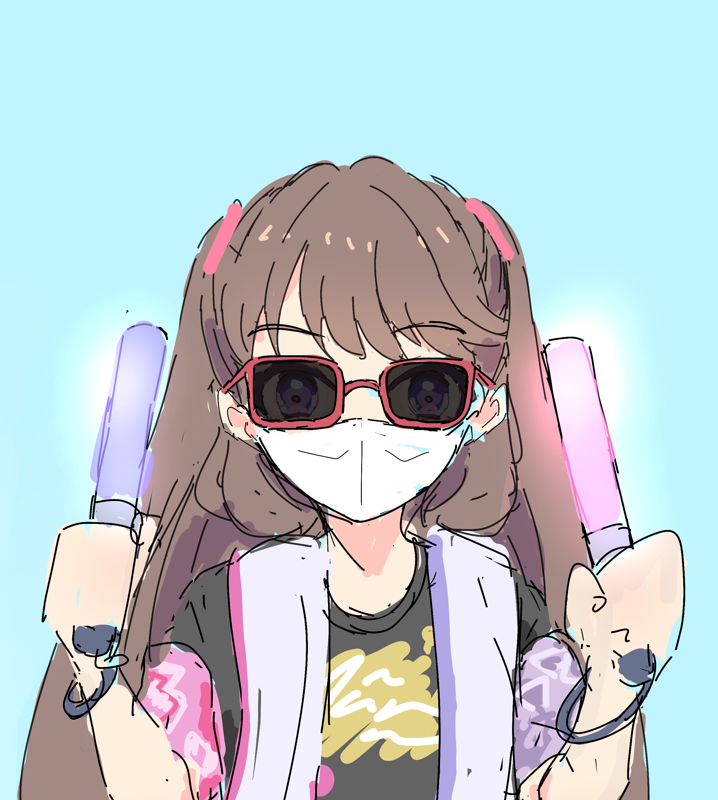 fujishima megumi, link! like! love live!, love live!, absurdres, highres, 1girl, 5th live tour ~4pair power spread!!!!~, black shirt, blue background, brown hair, glowstick, hands up, holding, holding glowstick, long hair, looking at viewer, mask, mika yui, mouth mask, otaku, penlight (glowstick), purple eyes, red-framed eyewear, shirt, simple background, solo, straight-on, sunglasses, two side up, virtual youtuber, white mask