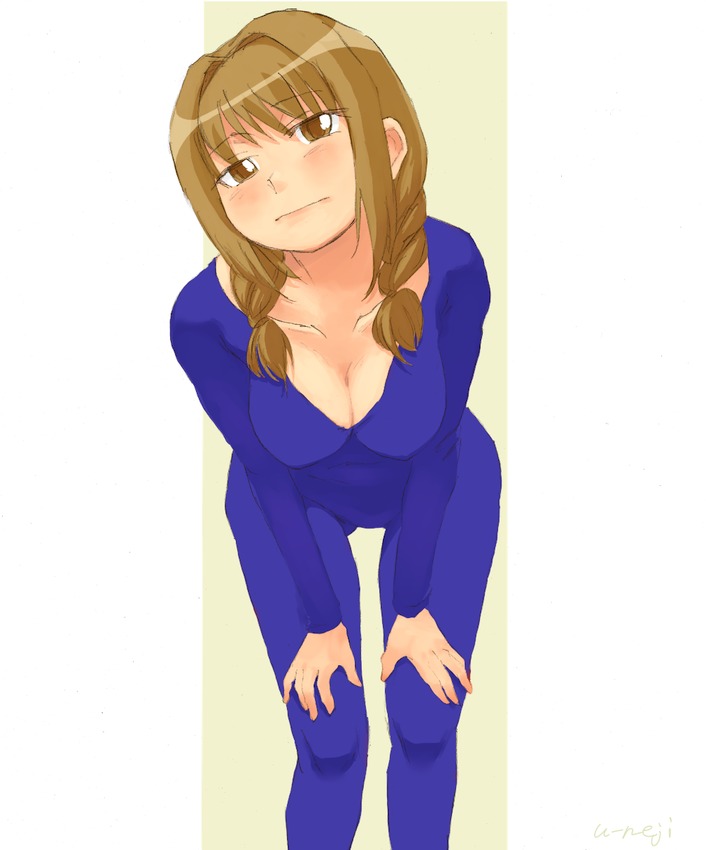 negoro shuujirou, momose kurumi, pani poni dash!, 00s, 1girl, bent over, braid, breasts, brown eyes, brown hair, cleavage, female focus, large breasts, leotard, simple background, skin tight, solo, thigh gap, thighs, twintails