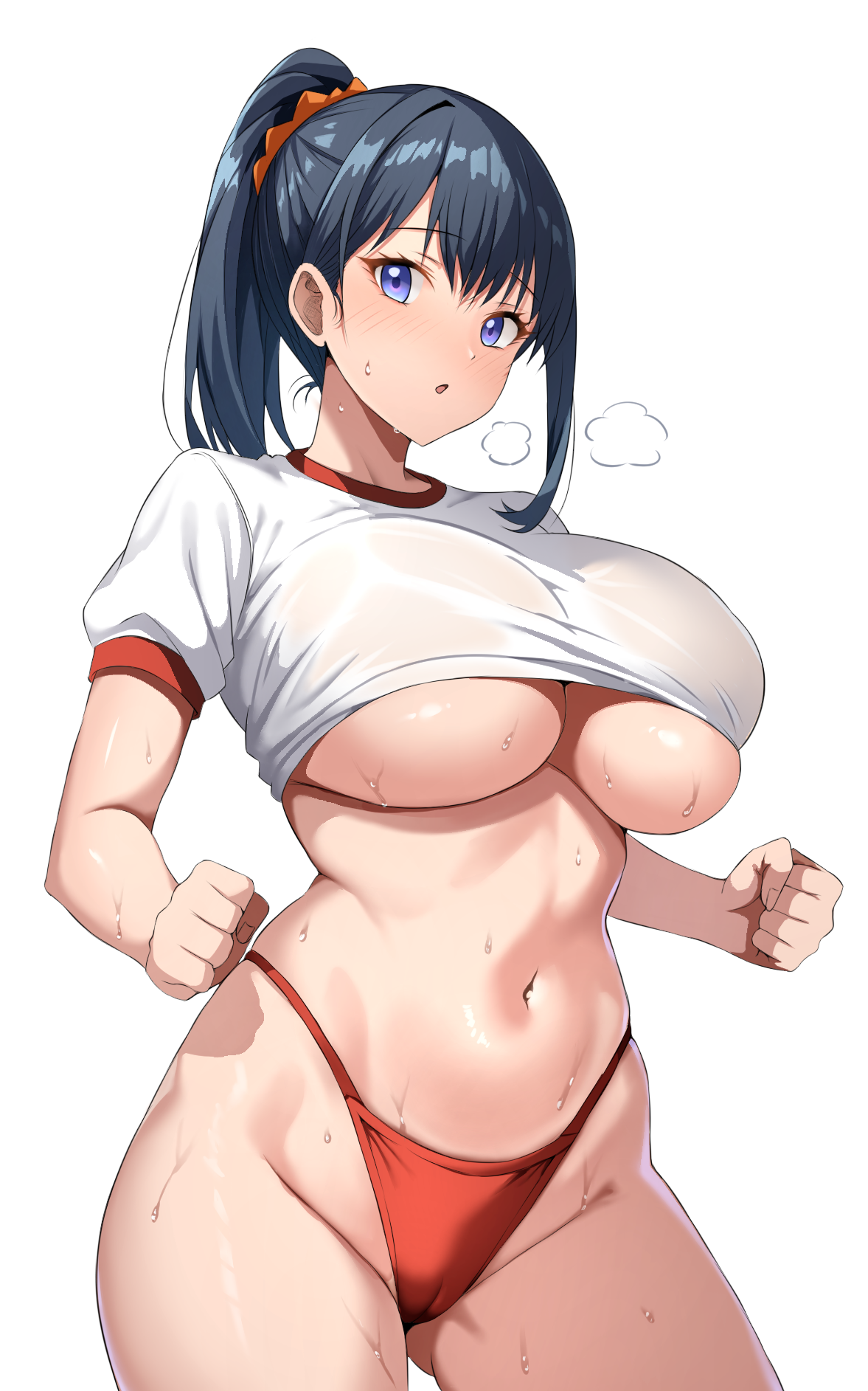 ranhatu, takarada rikka, gridman universe, ssss.gridman, highres, 1girl, :o, alternate breast size (larger), black hair, blue eyes, breasts, cameltoe, clenched hands, clothes lift, cowboy shot, curvy, gym uniform, high ponytail, highleg, highleg panties, huge breasts, navel, panties, ponytail, red panties, shirt, shirt lift, simple background, solo, stomach, sweat, underboob, underwear, white background, white shirt