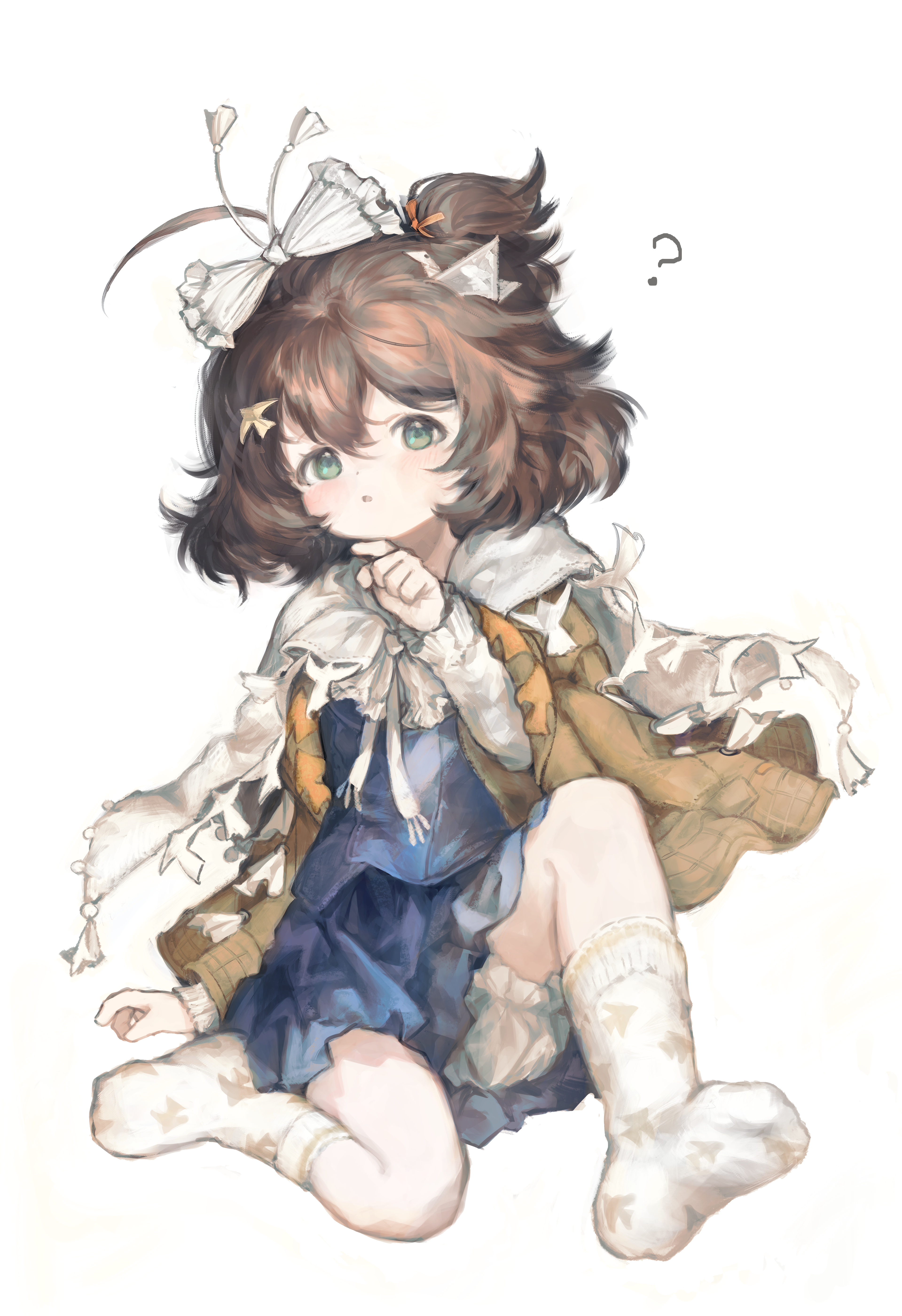 ic (iccccccccc81), flutterpage, reverse:1999, absurdres, highres, 1girl, :o, ?, ahoge, bird hair ornament, bloomers, blue eyes, blue skirt, blue vest, bow, brown hair, brown jacket, cape, full body, hair bow, hair ornament, hand up, jacket, looking at viewer, miniskirt, no shoes, open clothes, open jacket, short hair, sitting, skirt, socks, solo, underwear, vest, white background, white bloomers, white bow, white cape, white socks