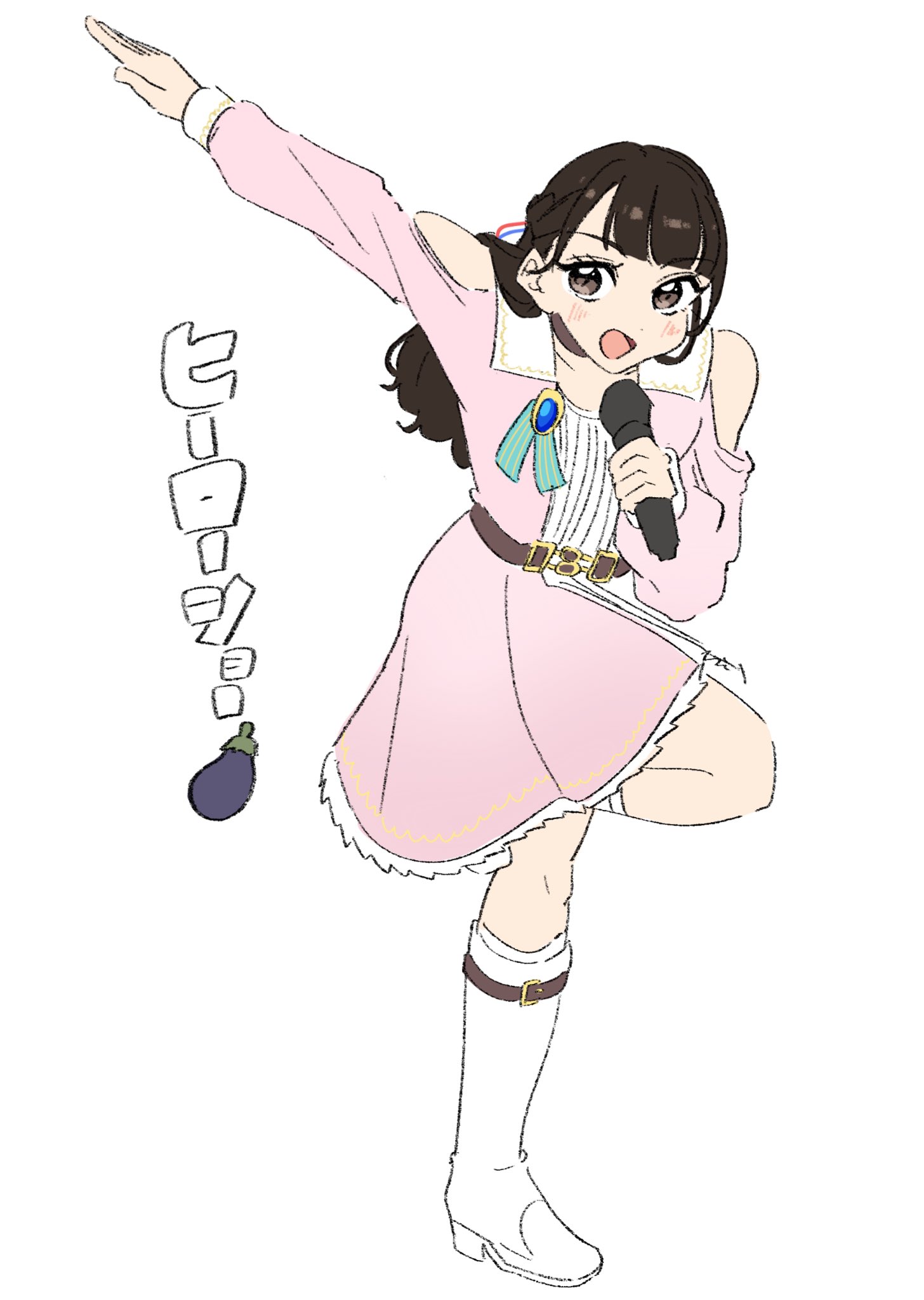 llkapital, link! like! love live!, love live!, real life, commentary request, highres, 1girl, 5th live tour ~4pair power spread!!!!~, :d, animification, black hair, blush, boots, braid, clothing cutout, collarbone, dream believers, dress, full body, half up braid, half updo, knee boots, kneehighs, long hair, long sleeves, looking at viewer, nonaka kokona, official alternate costume, open mouth, pink dress, short dress, shoulder cutout, simple background, smile, socks, solo, voice actor, white background, white boots, white socks