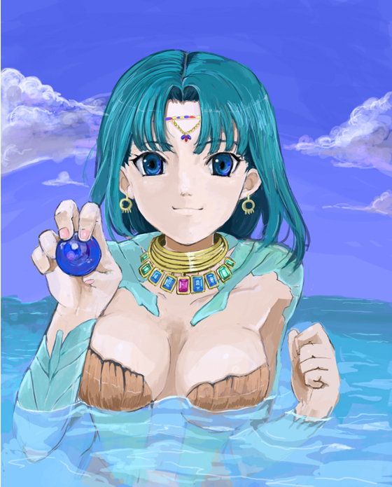 tsuyu, yumei (valkyrie profile), yumei (vp), valkyrie profile (series), bad id, bad pixiv id, 1girl, blue eyes, cloud, day, earrings, female focus, green hair, jewelry, short hair, sky, solo, submerged, swimsuit, water