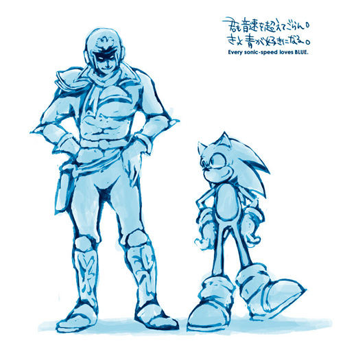 captain falcon, sonic the hedgehog, f-zero, nintendo, sega, sonic (series), super smash bros., lowres, 1boy, blue theme, color connection, crossover, english text, engrish text, furry, furry male, gloves, height difference, helmet, male focus, monochrome, ranguage, scarf, smile, white background