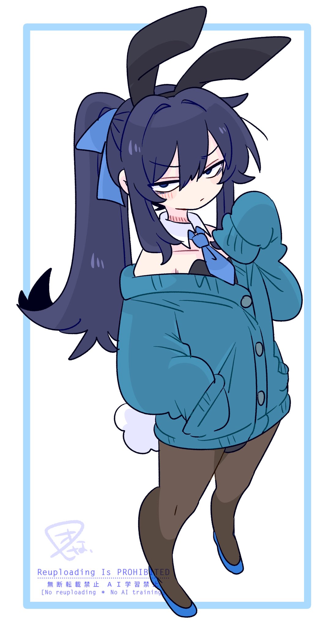 op na yarou, zense-kun (op na yarou), original, commentary, highres, 1boy, :/, animal ear hairband, animal ears, bare shoulders, black hair, black hairband, black leotard, black pantyhose, blue bow, blue cardigan, blue necktie, blue shoes, bow, bulge, cardigan, collar, collarbone, crossdressing, crossdressing (mtf), detached collar, expressionless, fake animal ears, fake tail, foreshortening, full body, hair between eyes, hair bow, hair intakes, hairband, hand in pocket, hand up, leotard, light blush, long hair, long sleeves, looking at viewer, loose hair strand, male focus, male playboy bunny, necktie, no nose, off shoulder, pantyhose, playboy bunny, ponytail, purple eyes, rabbit ear hairband, rabbit ears, rabbit tail, shoes, sidelocks, simple background, sleeves past fingers, sleeves past wrists, solo, standing, tail, trap, v-shaped eyebrows, watermark, white background, white collar