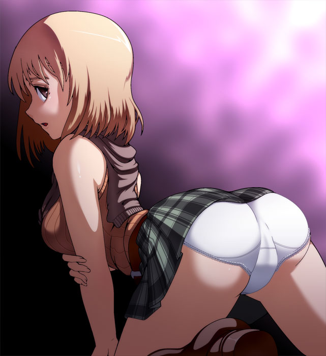 caryo, tabigarasu, ashley graham, resident evil, resident evil 4, bad id, 1girl, ass, blonde hair, bob cut, boots, female focus, from behind, looking back, panties, pantyshot, plaid clothes, plaid skirt, presenting, skirt, sleeveless, sleeveless turtleneck, solo, turtleneck, underwear, upskirt, white panties