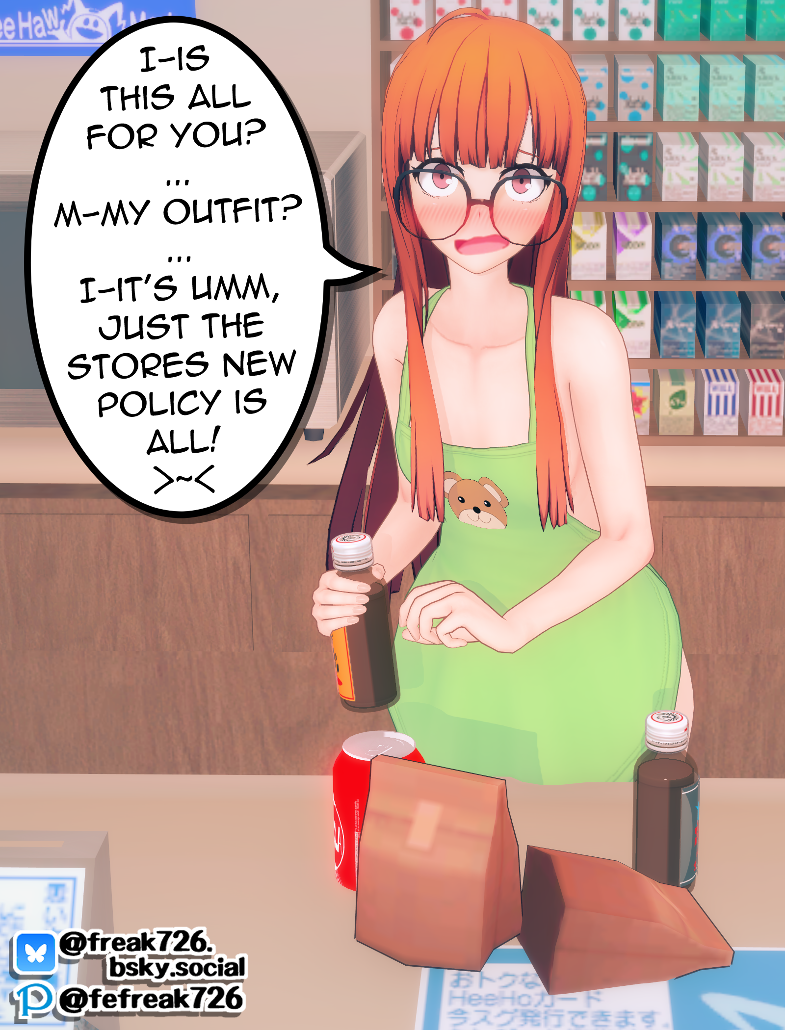 ffreak726, sakura futaba, persona, persona 5, commentary, english commentary, highres, koikatsu (medium), self-upload, variant set, 1girl, apron, blush, breasts, cashier, embarrassed, english text, glasses, long hair, looking at viewer, naked apron, nose blush, open mouth, orange hair, small breasts, solo, speech bubble, working