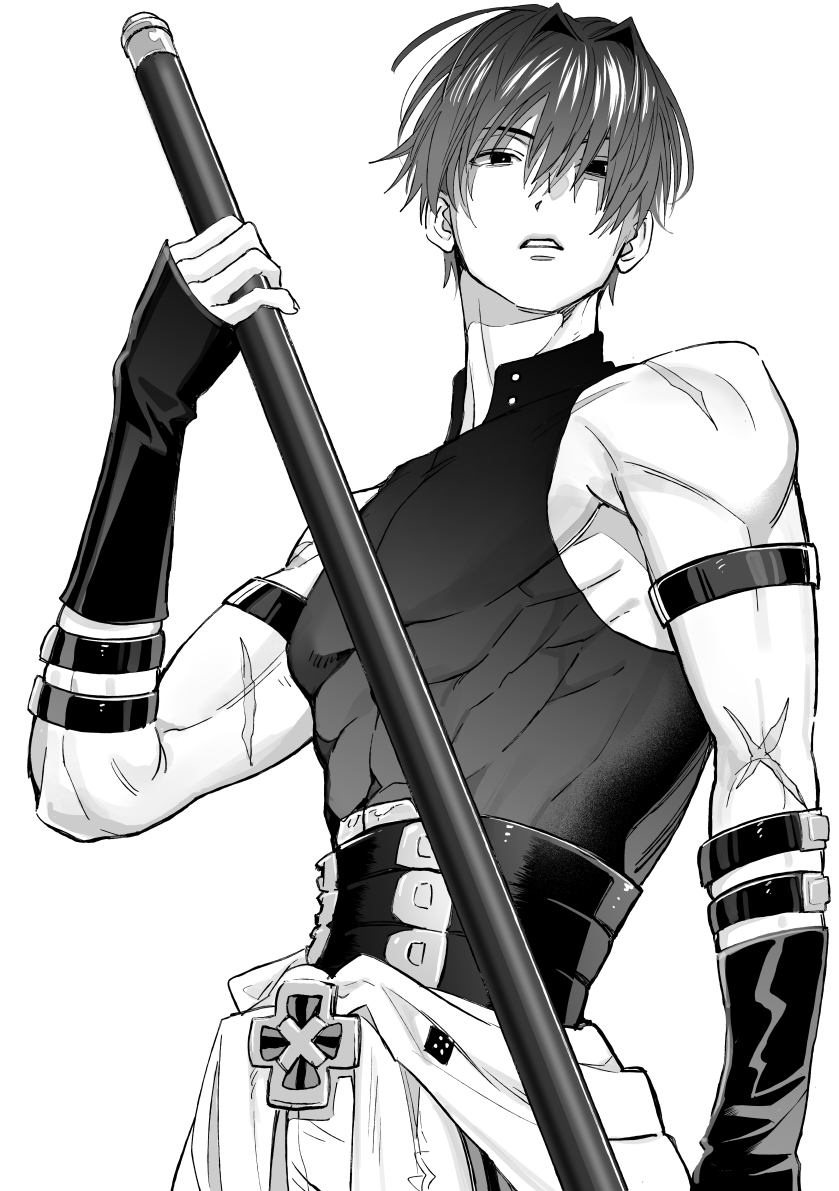 shikibreeki, fate/grand order, fate (series), 1boy, abs, covered abs, harada sanosuke (fate), holding, holding polearm, holding weapon, male focus, messy hair, monochrome, multiple scars, muscular, muscular male, polearm, scar, scar on arm, scar on shoulder, solo, toned, toned male, weapon