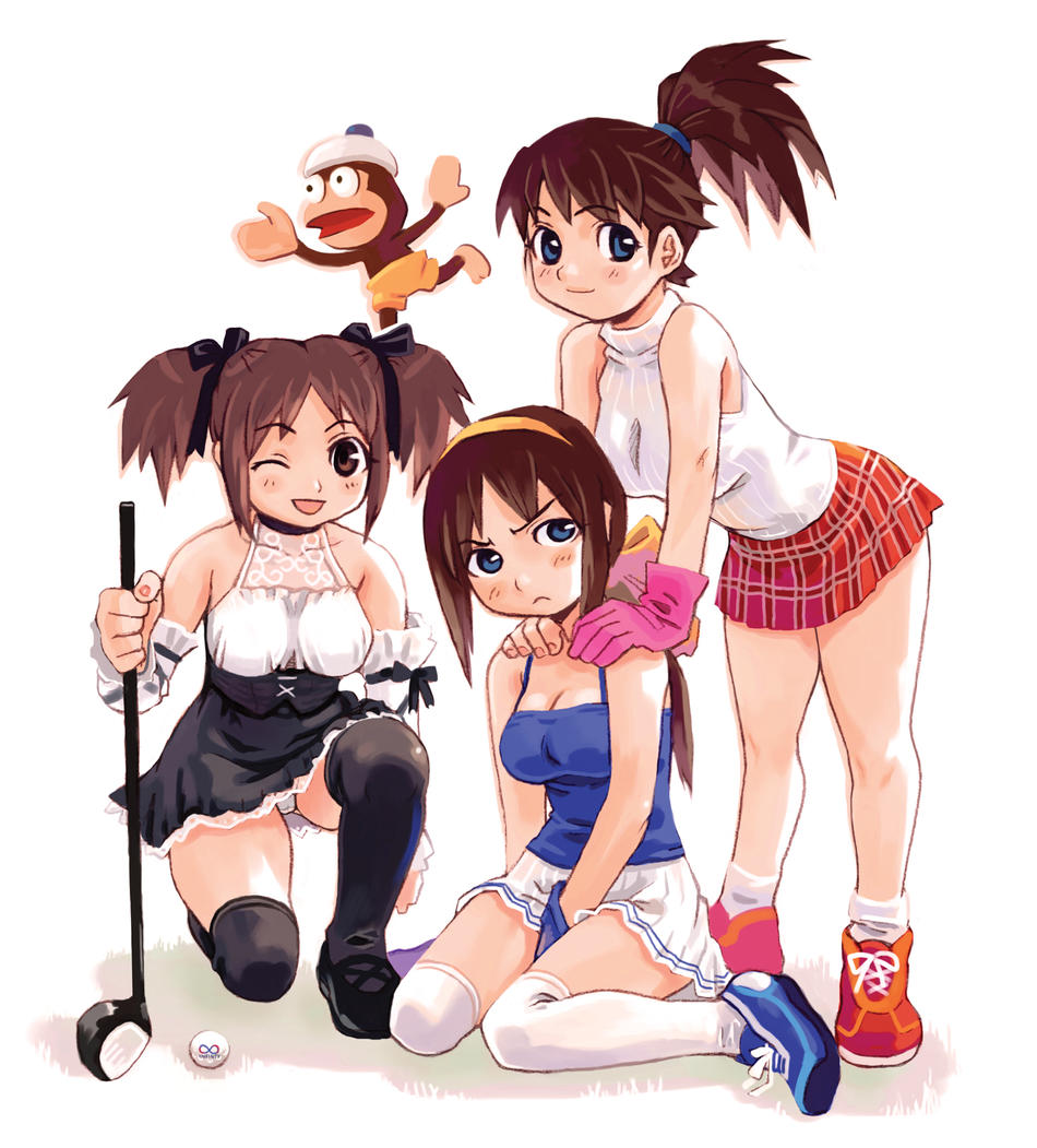 aya (minna no golf), ayaka (minna no golf), nanako (minna no golf), pipo monkey, clap hanz, minna no golf, saru getchu, 3girls, ball, blue eyes, brown eyes, brown hair, golf ball, golf club, maid, multiple girls, ponytail, skirt, thighhighs, twintails, upskirt, wink