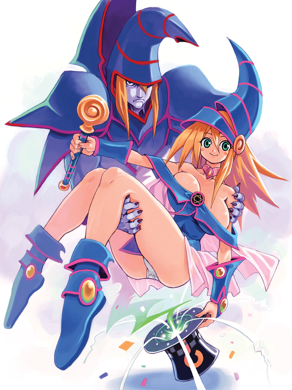 ryoji (nomura ryouji), dark magician, dark magician girl, yu-gi-oh!, yu-gi-oh! duel monsters, highres, blonde hair, boots, breasts, couple, duel monster, magician, wand