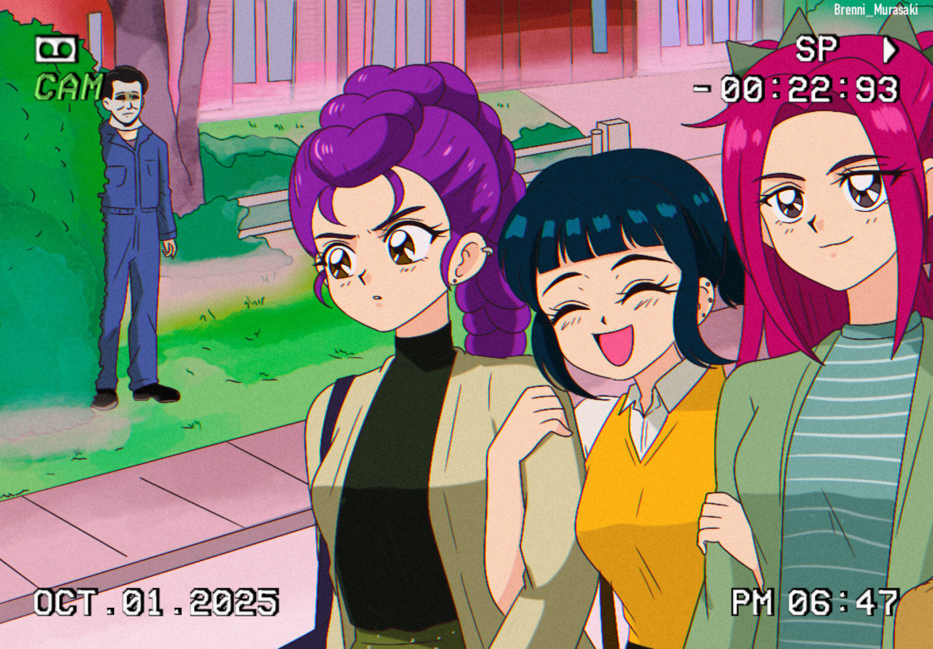 brenni murasaki, michael myers, mira (kpop demon hunters), rumi (kpop demon hunters), zoey (kpop demon hunters), halloween (movie), kpop demon hunters, highres, 1990s (style), 3girls, black hair, braid, earrings, hair bun, jewelry, long hair, looking at viewer, multiple girls, pink hair, purple hair, retro artstyle, shirt, sidelocks, smile, twintails