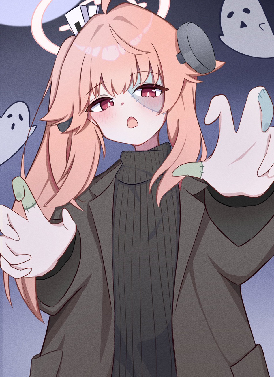 akarenga, natsu (blue archive), blue archive, 1girl, blush, ghost, halo, jacket, painting (object), pink hair, pink halo, red eyes, side ponytail, solo, sweater, upper body