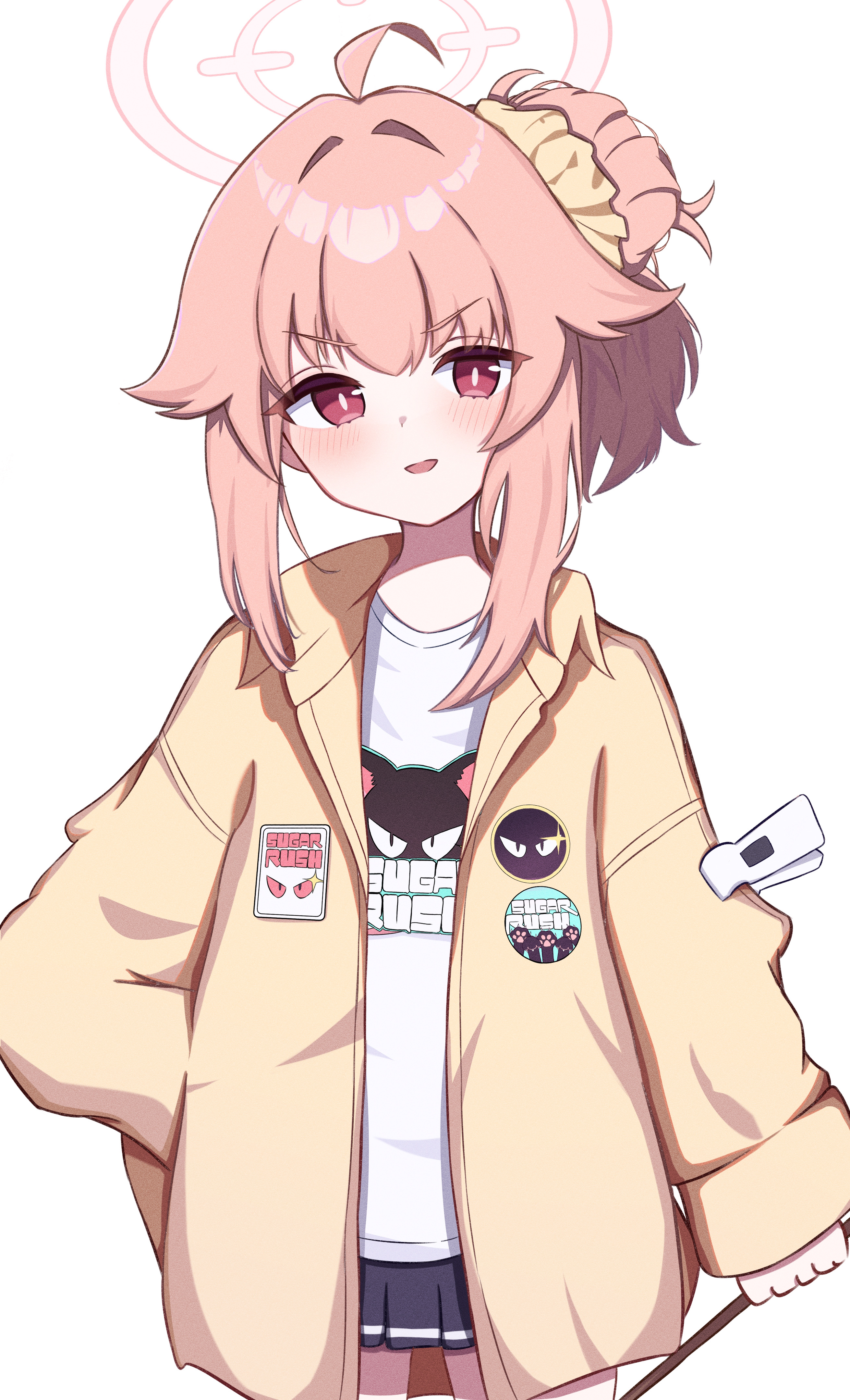 akarenga, natsu (blue archive), blue archive, 1girl, black skirt, chopsticks, cowboy shot, halo, jacket, miniskirt, pink hair, pink halo, red eyes, shirt, simple background, skirt, solo, t-shirt, thigh gap, white background, white shirt, yellow jacket