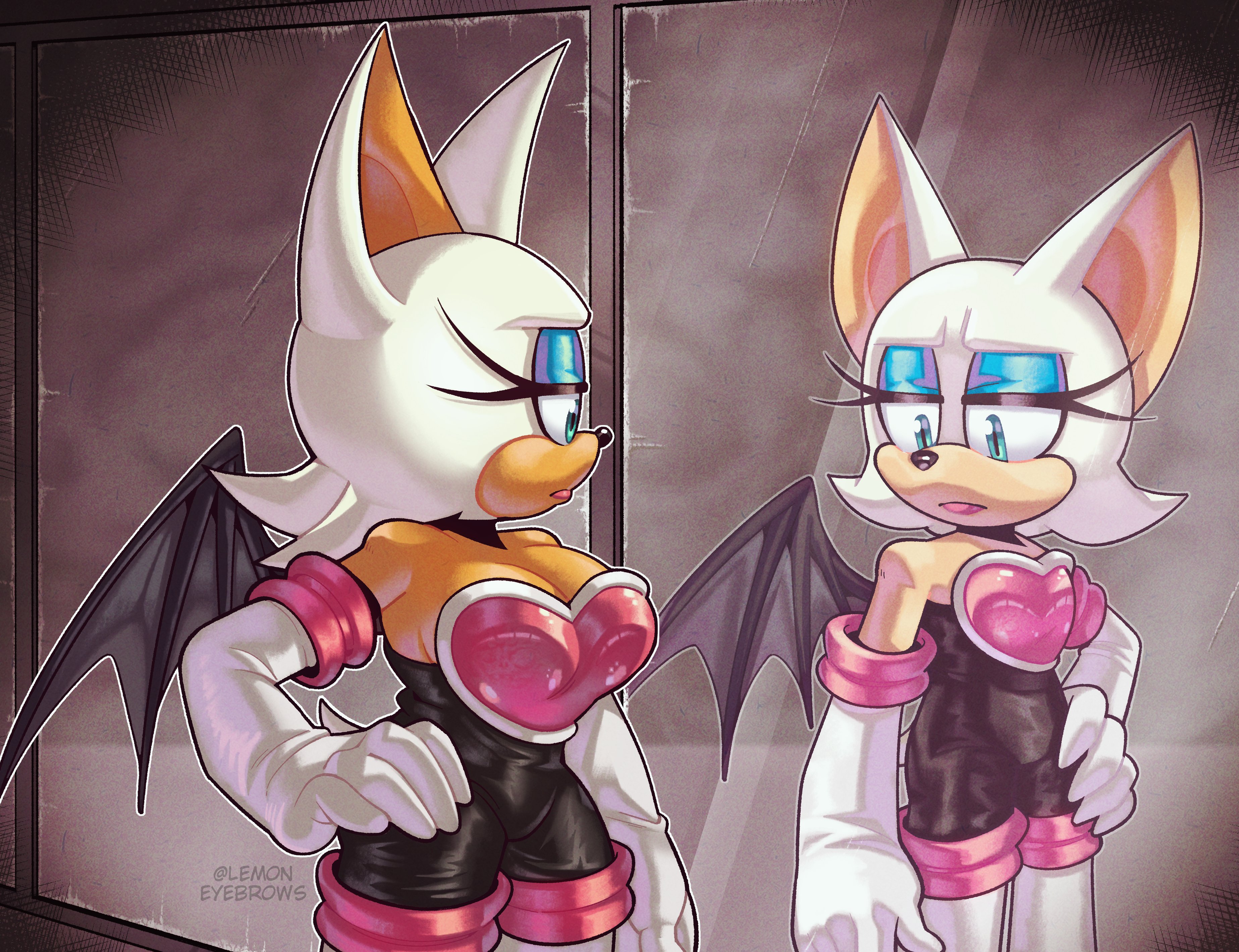 lemon eyebrows, rouge the bat, sonic (series), tagme, bodysuit, breasts, eyeshadow, gloves, huge breasts, latex, latex bodysuit, latex gloves, lipstick, makeup, reflection