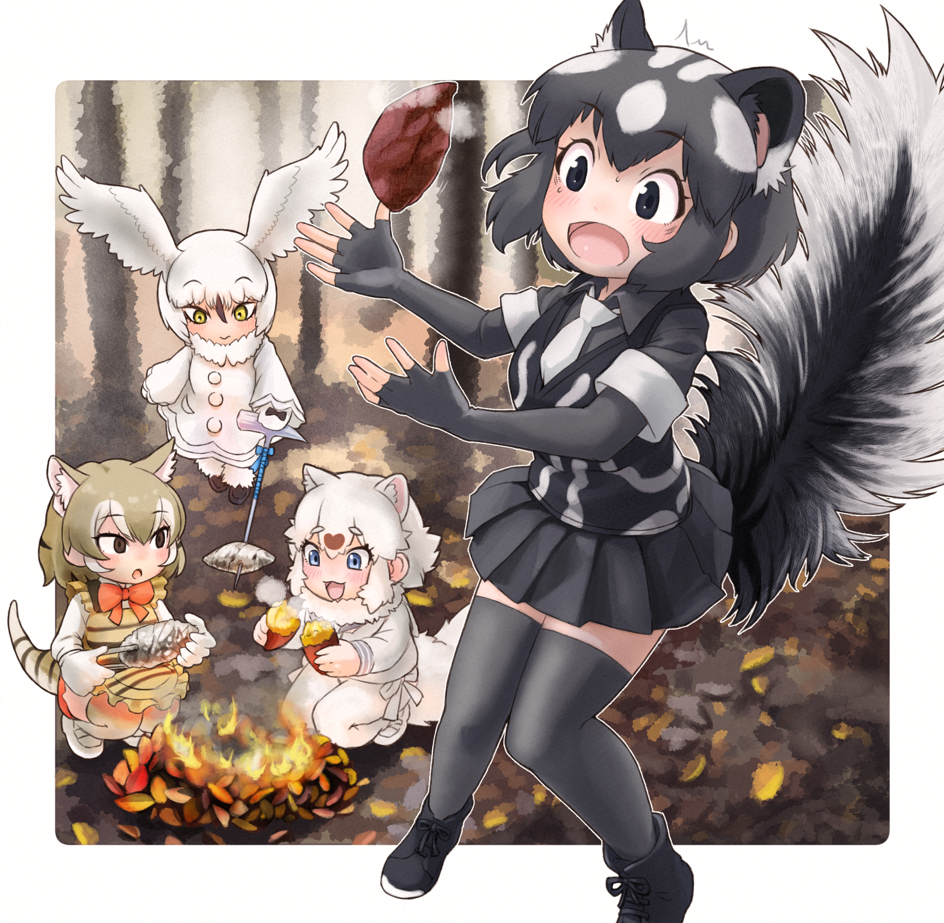 toriny, snowy owl (kemono friends), spotted skunk (kemono friends), thylacine (kemono friends), kemono friends, hashtag-only commentary, highres, 4girls, :d, ^^^, animal ears, apron, baked potato, bird girl, bird wings, black eyes, black hair, black shoes, black skirt, black tail, black vest, blue eyes, blush, border, bow, bowtie, brown eyes, brown hair, coat, day, elbow gloves, empty eyes, extra ears, fingerless gloves, food, fur collar, gloves, grey gloves, grey thighhighs, hair between eyes, head wings, holding, holding food, holding potato, holding tongs, hondo tanuki (kemono friends), long sleeves, multicolored hair, multiple girls, necktie, open mouth, outdoors, owl girl, pleated skirt, roasting, shirt, shoes, short hair, short sleeves, skirt, skunk ears, skunk girl, skunk tail, smile, squatting, steam, striped tail, tail, thighhighs, tongs, two-tone hair, two-tone tail, vest, white border, white coat, white fur, white hair, white necktie, white tail, wings, yellow eyes, zettai ryouiki