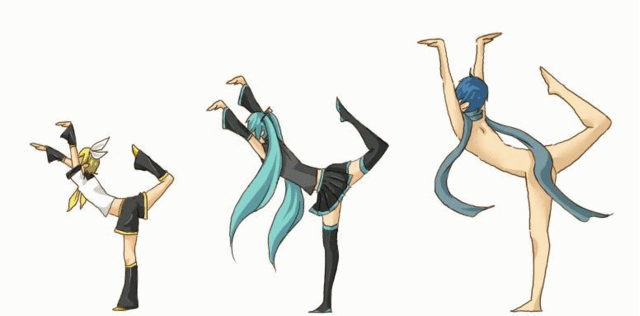 hatsune miku, kagamine rin, kaito (vocaloid), vocaloid, animated, animated gif, 1boy, 2girls, multiple girls, naked scarf, nude, scarf, thighhighs, twintails, waving