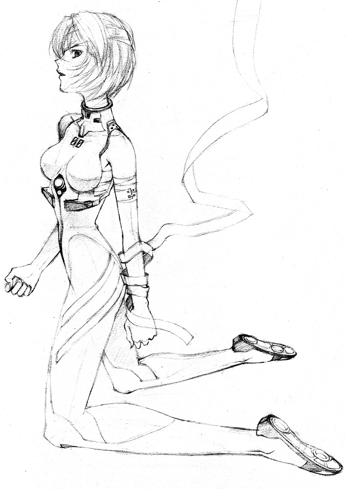 lotz, ayanami rei, neon genesis evangelion, scan, traditional media, bandage over one eye, bandages, bare shoulders, greyscale, kneeling, mecha pilot suit, monochrome, plugsuit (evangelion), short hair, sketch, solo