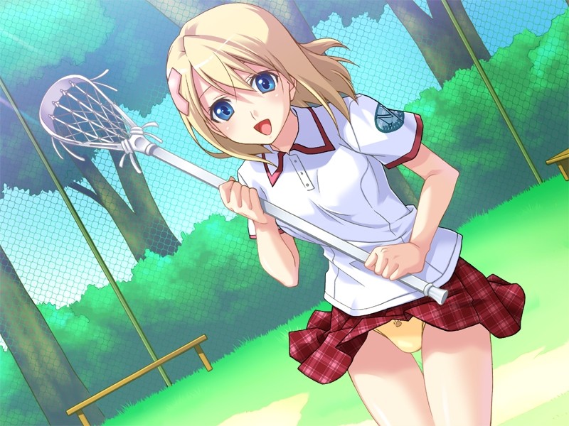 bomi, otobe an, otobe anne, lucky x crosse, game cg, non-web source, 1girl, blonde hair, chain-link fence, clothes lift, dutch angle, female focus, fence, lacrosse, looking at viewer, outdoors, panties, racket, short hair, skirt, skirt lift, smile, solo, underwear, upskirt, wind, wind lift, yellow panties