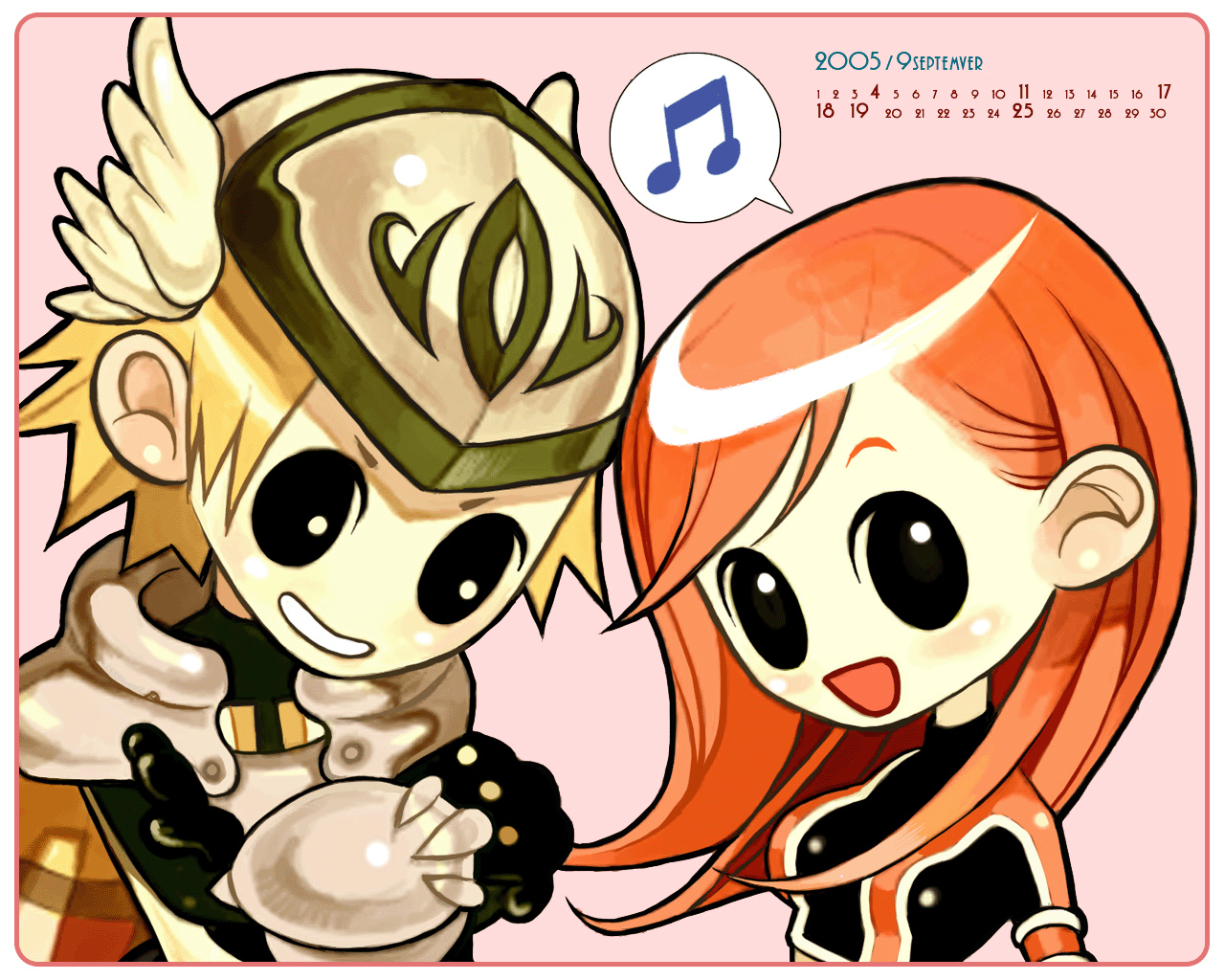 asgard, nexon, artist request, official art, official wallpaper, second-party source, 2005, armor, beamed eighth notes, black eyes, black shirt, black sleeves, blonde hair, border, breasts, calendar (medium), crop top, cropped shirt, dated, grin, helmet, knight (asgard), light blush, looking at viewer, medium breasts, musical note, no nose, open mouth, orange hair, pauldrons, pink background, pink border, september, shirt, short sleeves, shoulder armor, silver armlet, smile, speech bubble, spiked hair, spoken musical note, straight hair, swept bangs, turtleneck, turtleneck shirt, v-shaped eyebrows, vambraces, warrior (asgard), white wings, winged helmet, wings