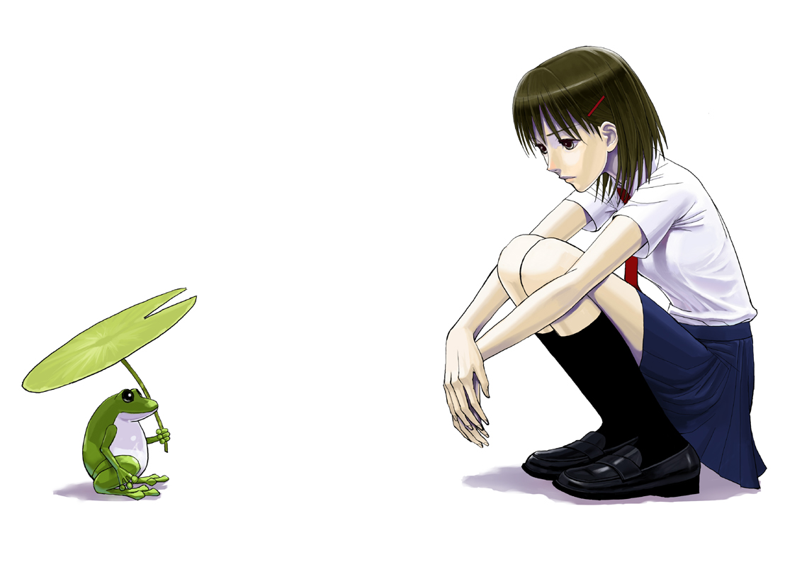 lotz, brown eyes, brown hair, frog, hair ornament, hairclip, hugging own legs, lily pad, necktie, school uniform, short hair, skirt, solo, squatting