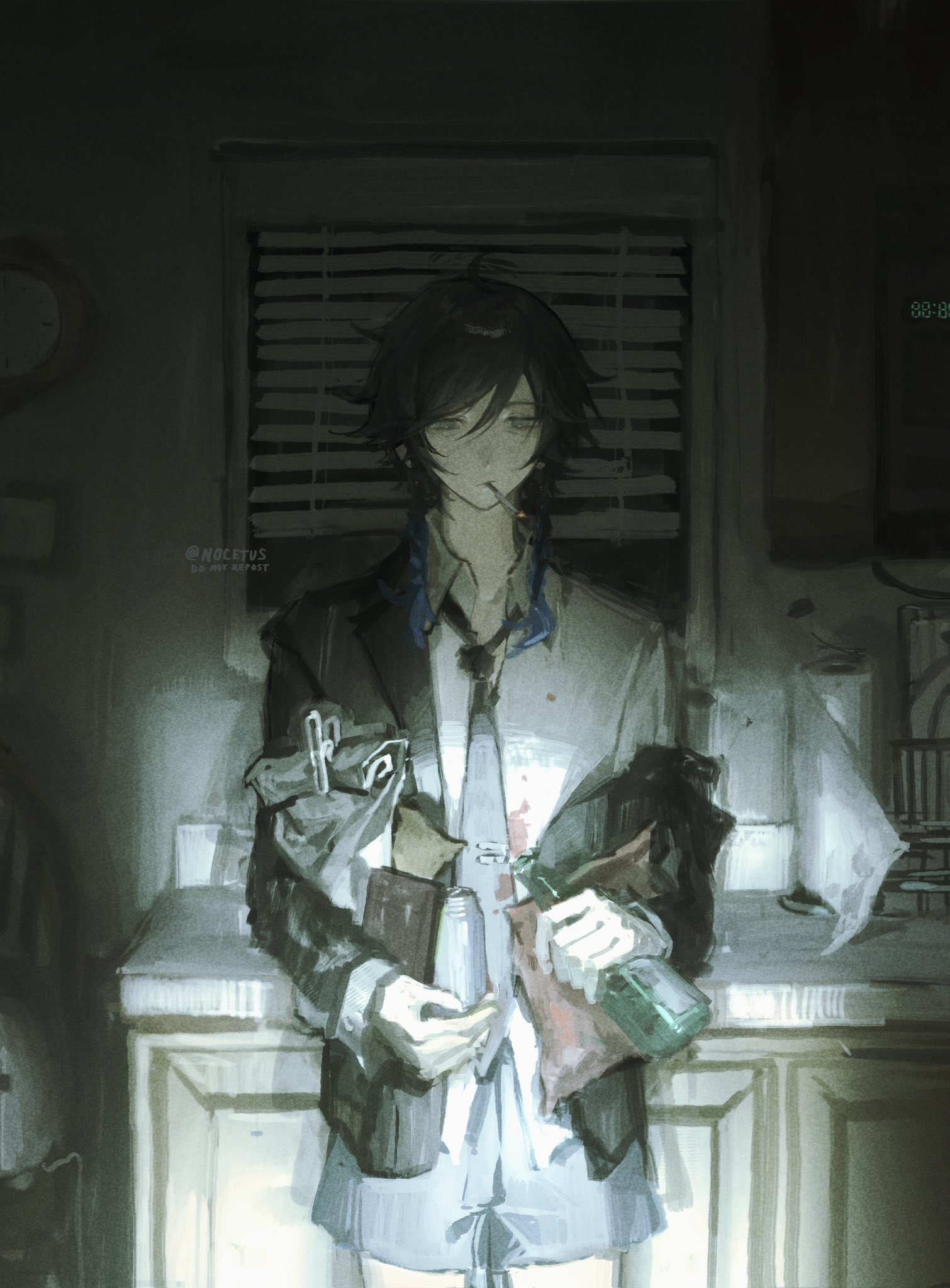 nocetus, venti (genshin impact), genshin impact, highres, 1boy, alternate universe, black hair, black jacket, blood, blood on clothes, blue hair, bottle, braid, cigarette, collar, cowboy shot, gradient hair, holding, holding bottle, indoors, jacket, jacket partially removed, kitchen, loose necktie, male focus, mouth hold, multicolored hair, necktie, partially unbuttoned, shirt, shorts, smoking, solo, standing, suit jacket, twin braids, twitter username, white shirt