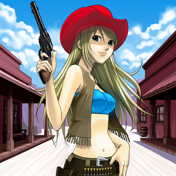 lotz, original, 1girl, bandeau, belt, blonde hair, cowboy hat, cowboy western, female focus, fringe trim, green eyes, gun, handgun, hat, long hair, midriff, pistol, revolver, solo, strapless, tube top, vest, weapon