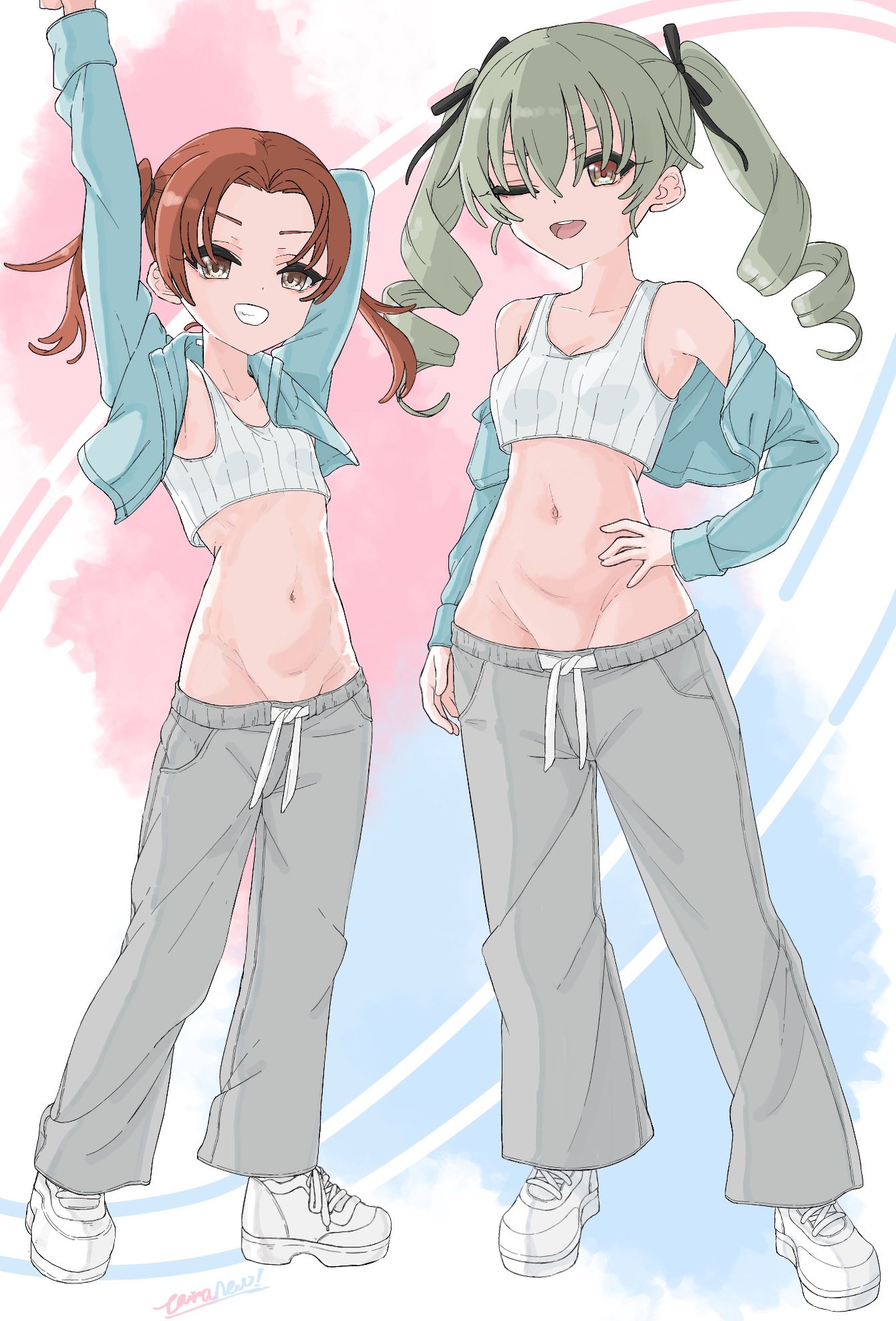tarou.new, anchovy (girls und panzer), kadotani anzu, girls und panzer, commentary request, highres, 2girls, ;d, arm behind head, arm up, breasts, brown eyes, brown hair, casual, crop top, drill hair, full body, green hair, grey pants, grin, groin, hair between eyes, hand on own hip, jacket, long sleeves, looking at viewer, midriff, multiple girls, navel, off shoulder, one eye closed, open clothes, open jacket, open mouth, pants, shoes, small breasts, smile, standing, stomach, tank top, teeth, upper teeth only, white background, white shoes, white tank top